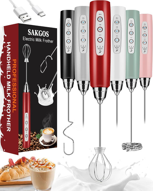 Milk Frother Rechargeable Handheld-Electric Whisk 3 Speed Adjustable, Frother Wand Coffee with 3 Stainless Whisks, Electric Foam Maker, Drink Mixe...