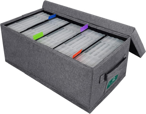 DVD Storage Box, Practical DVD Case Holder Organizer 15.75 x 8.46 x 6.3 Inch, DVD Rack with Lid and Index Labels to Hold up to 25 DVD Cases - Gray...