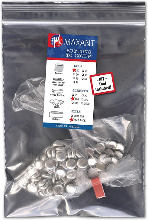 100 Cover Buttons - Made in USA - Self Cover Buttons with Flat Backs(no Wire) Size 20 with Tool...