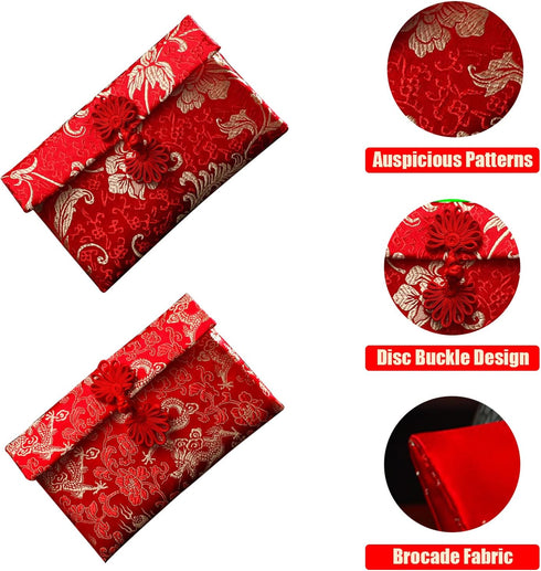 2-Pack Silk Red Envelopes, Dragon and Phoenix Embroidered Chinese Red Pocket, Lucky Money HongBao Card Cash Envelope for New Year Spring Festival ...