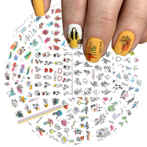 24 Sheets Summer Flowers Nail Art Stickers, Holographic Flower Leaf Nail Water Transfer Decals Designs, Floral Leaves Nail Art Sticker Supplies fo...