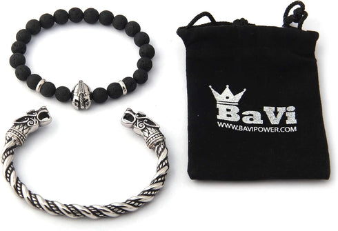 BAVIPOWER Handcrafted Wolf Heads Bangle Adjustable Stainless Steel Norse Scandinavian Bracelet Authentic Viking Jewelry...