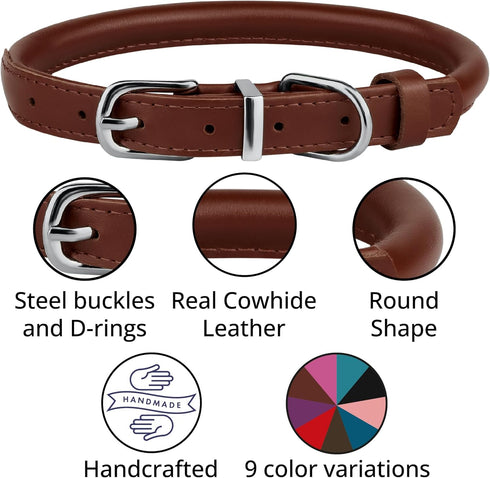 BRONZEDOG Rolled Leather Dog Collar for Small Medium Large Dogs with QR ID Tag (XS: 9-11 Inch, Chocolate Brown)...