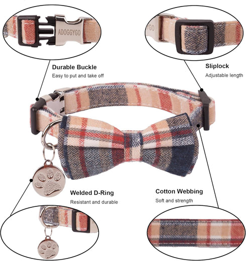 ADOGGYGO Soft Bowtie Dog Collar, Red Blue Plaid Dog Collar with Detachable Bow tie Adjustable Pet Plaid Collars for Small Medium Large Dogs Pets (...