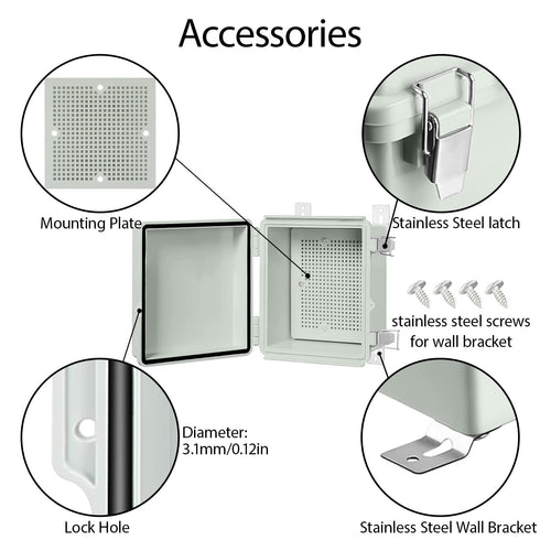 LeMotech Electrical Box, IP67 Waterproof Hinged Cover Stainless Steel Latch Junction box, ABS Plastic Electrical Enclosure with Mounting Plate,Wal...