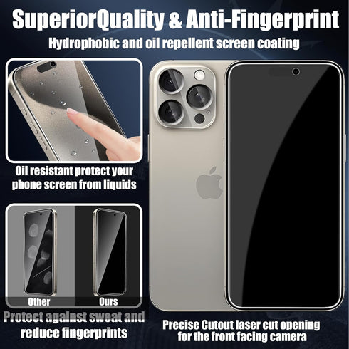 TQLGY 2+2 Packs for iPhone 15 Pro Max Privacy Screen Protector, Auto Dust Removal Installation, Anti-Spy Tempered Glass With Camera Lens Protector...