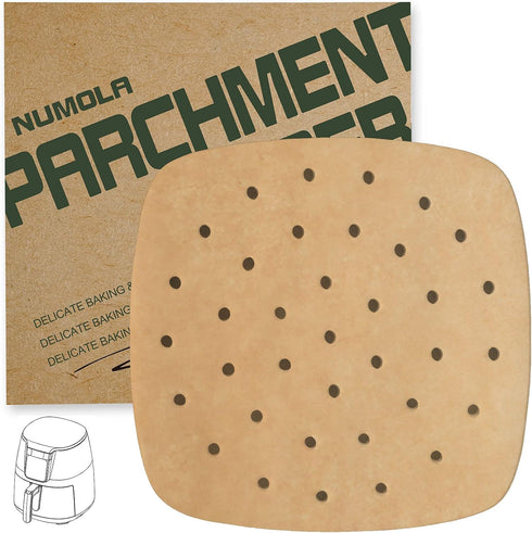 Numola 100 Pcs Air Fryer Liners Disposable Parchment Paper, 9 Inch Perforated Airfryer Sheets for Baking, Square Unbleached Non-Stick Steamer Line...
