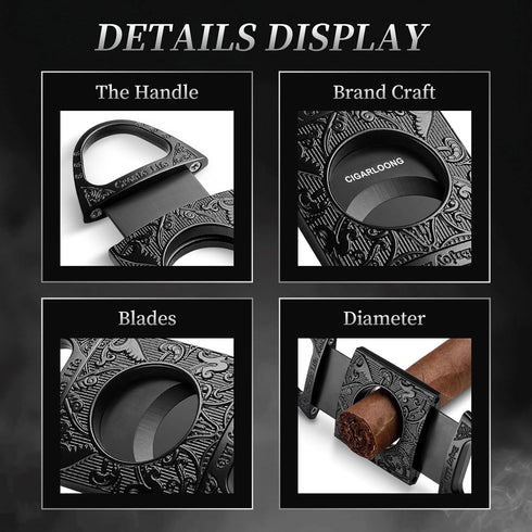 CIGARLOONG Cigar Cutter Black Engraved Stainless Steel Double Blades Cigar Guillotine...