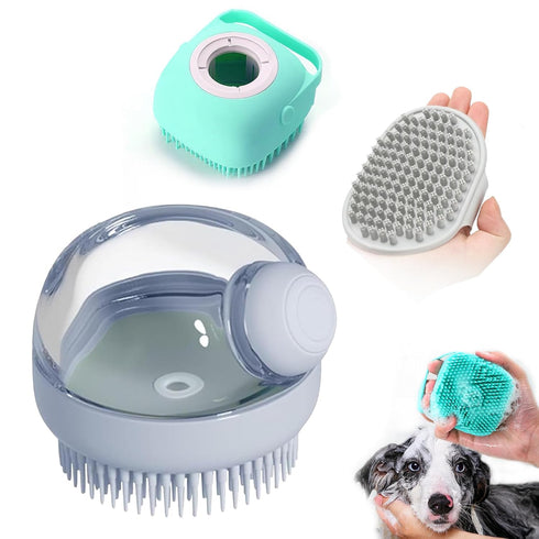 ELEGX Pet Grooming Bath Massage Brush with Soap and Shampoo Dispenser Soft Silicone Bristle for Long Short Haired Dogs Cats Shower (Grey+Blue+Mass...