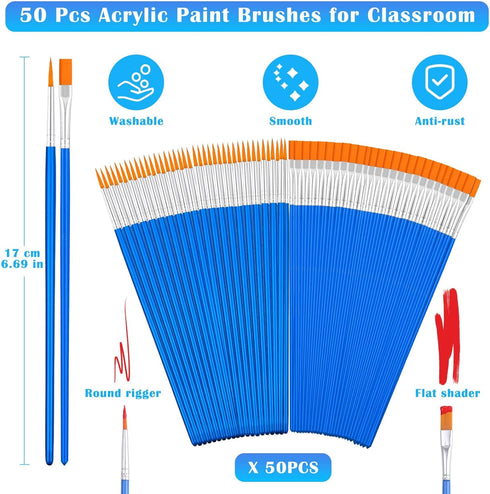 Small Paint Brushes Bulk, Anezus 50 Pcs Flat Tip Paint Brushes with Round Acrylic Paint Brushes Set Craft Brushes for Classroom Acrylic Watercolor...