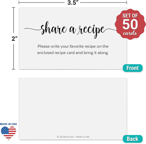 321Done Request a Recipe Card (Set of 50) 3.5x2 White, Simple - Little Recipe Request Insert Card for Bridal Shower Game, Keepsake, Heavy Cardstoc...