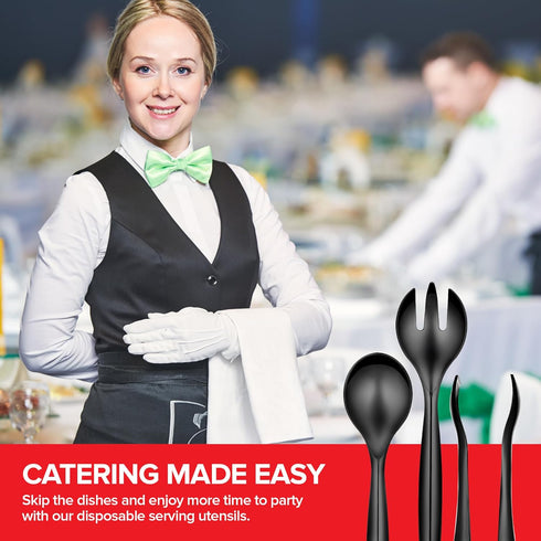 18 Count Disposable Serving Utensils, Black Plastic Serving Utensils Set for Catering Weddings, Holiday Parties, and More, Disposable Serving Spoo...