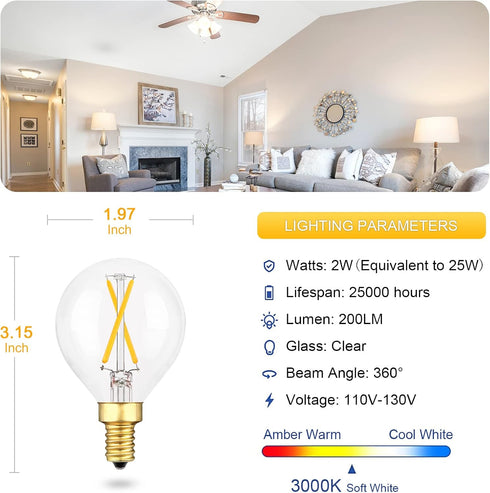 3-Pack G16.5 LED Bulb, Dimmable E12 Edison Bulb, 25W Equivalent, 3000K Soft Warm White, 200lm, 2W, for Chandelier, Ceiling Fan Light Bulbs...