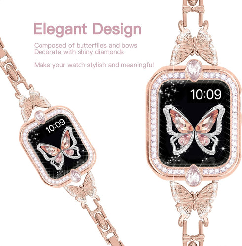 wipalor Compatible with Apple Watch Band 40mm+Gemstones Case, Lightweight for Women, Easy Bracelet, Shiny Diamond on Butterfly, Rose Gold & Case (...