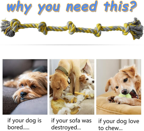 Dog Rope Toy for Large Aggressive Chewers, Heavy Duty Rope Chew Toy Indestructible Tough Tug of War Yellow Dog Toy,3 Feet 5 Knots Interactive Cott...