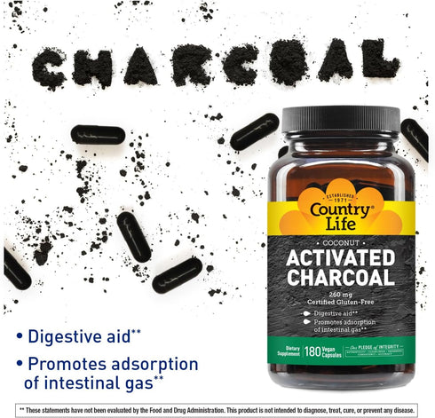 Country Life Activated Organic Coconut Charcoal Capsules, 260mg – Natural Charcoal Supplement for Gas and Bloating Relief, Gluten-Free, 180 Vegan ...