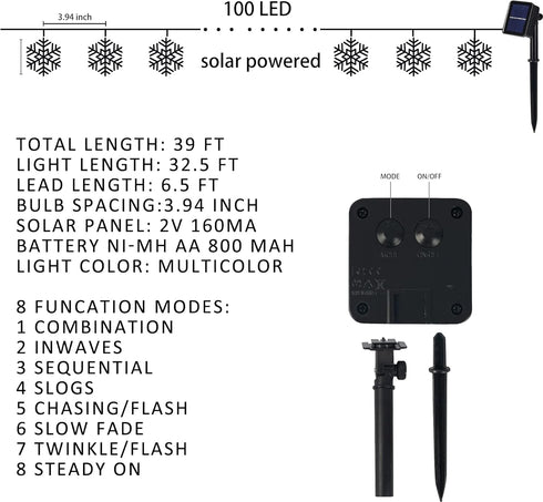 Dazzle Bright 100 LED Solar Christmas Snowflake Lights Outdoor, 39 FT Solar Powered Snowflake String Lights Waterproof for Xmas Tree, Holiday, Wed...