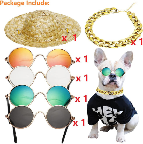 6PCS Pet Dog Cat Costume, Retro Pet Sunglasses, Adjustable Gold Chain Collar & Straw Hat, Funny Pet Accessories for Cat Puppy Small Medium Dog Bir...