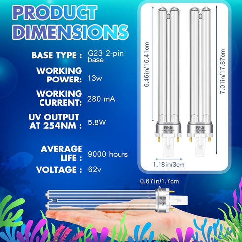 2 Pcs G23 Base 13 Watt UV Light Bulb Compatible with Jebao Pond Sunsun 2 Pin Base UV Light for Aquarium Compatible with Sunsun JUP 23 Grech Aquari...