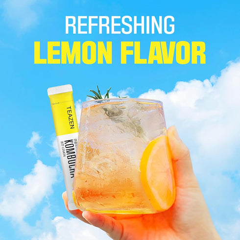 TEAZEN Lemon Kombucha Tea, Hydration Drink Mix, Sugar Free, Live Probiotics & Prebiotics, 10 Sticks, 1.76oz...