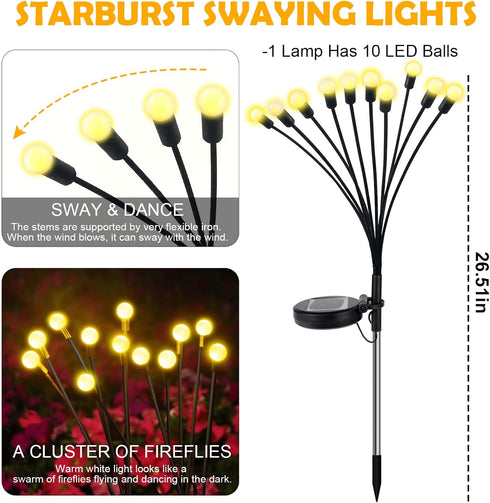 2 Pack Solar Garden Lights, 20LED Solar Powered Firefly Lights, Starburst Swaying Light Waterproof, Solar Garden Decorative Lights, Outdoor Yard P...
