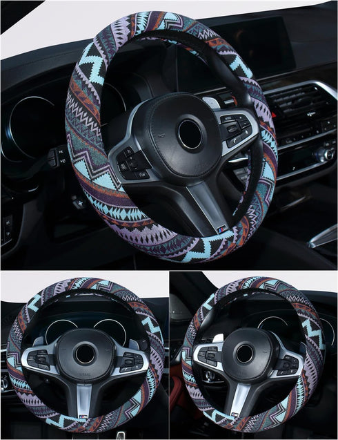 Ethnic Style Coarse Flax Cloth Automotive Steering Wheel Cover Anti Slip and Sweat Absorption Auto Car Wrap Cover (M, 14.5''-15'')...