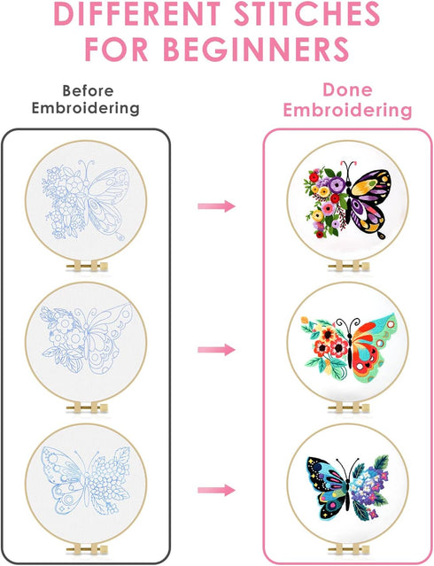 TINDTOP 3 Sets Embroidery Stitch Practice kit, Butterfly Flower Embroidery Kit for Beginners Include Cloth Hoops Threads for Craft Lover Hand Stit...