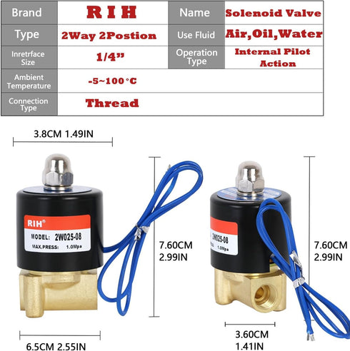 PNEUMATIC 1/4 Inch Electric Solenoid Valve Brass 12V/24V/110V 2 Way High Turn Coil Normally Closed Water 2W025-08 Liquid Air control DC12V...