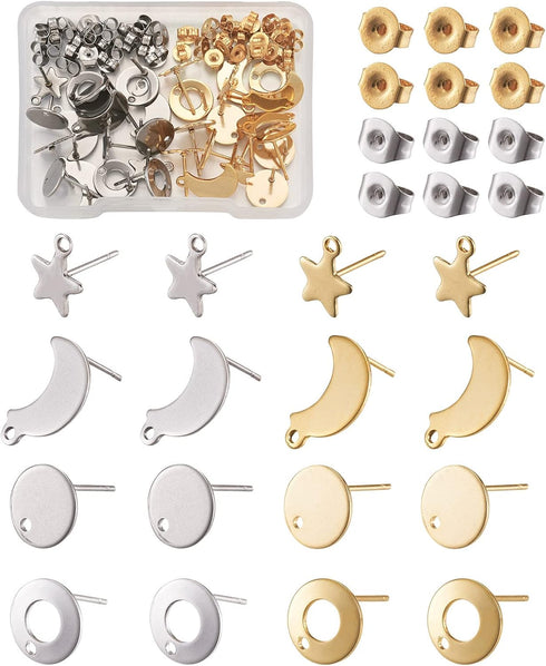 Pandahall 16 Pairs Stainless Steel Earring Making Kit with Ear Nuts 4 Shape Moon Ring Star Flat Round Stud Earring Findings with Hole for Jewelry ...