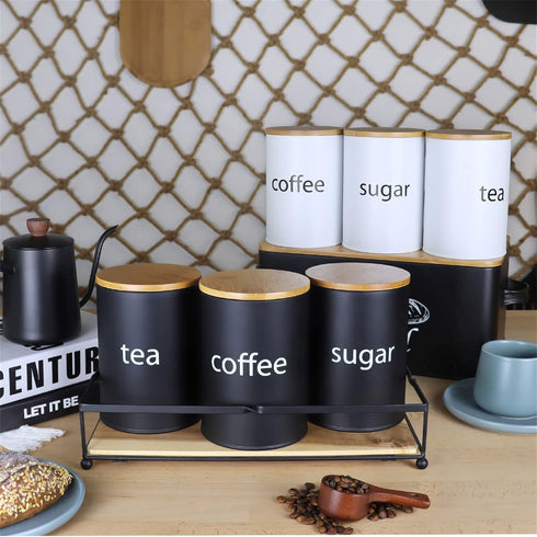 SOTECH Metal Food Storage Jar Farmhouse Coffee Canisters with Bamboo Lids,Black Kitchen Canisters Set of 3 Decorative Canisters for Kitchen Counte...
