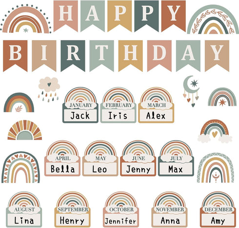 Modern Boho Classroom Birthday Bulletin Board Decorations Boho Nameplates Birthday Rainbow Cutout Decoration for Classroom Decors Wall Preschool C...