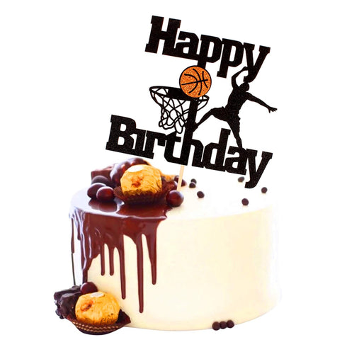 Unimall Basketball Happy Birthday Cake Topper Basketball Scene Themed Cake Fruit Picks for Man Boys Father Birthday Event Party Supply Black Glitt...