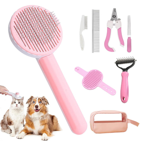 Pet Grooming Brush Kit 7pcs, Cat Brush with Release Button Comb Set for Shedding -Cat Brush&Nail Clippers File Set for Cat Dogs Long matted Haired...