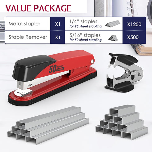 Metal Stapler Heavy Duty 50 Sheet Capacity with 1750 Staples and Staple Remover, Red Stapler Full Strip Staplers for Desk, No Jam, Non-slip Office...