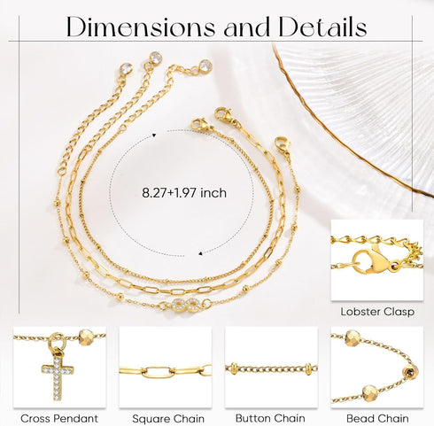 TempBeau Gold Ankle Bracelets for Women 3Pcs Set Layered Adjustable Chain Link Anklets for Women Summer Beach Foot Jewely Brithday Gifts fo Women ...