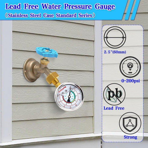 Water Pressure Gauge, 0-200 Psi Pressure Gauge Filled with Oil, 3/4" GHT Female Thread Water Pressure Test Gauge with 3 Adapters,for Home, industr...