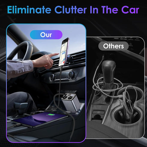 MQOUNY Retractable Car Charger,6 in 1 Fast Car Phone Charger 159W,USB C and 2 Cigarette Lighter Adapter,Retractable Cables Compatible with iPhone ...