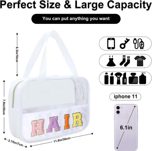 Chenille Letter Patch Clear Bag,Preppy Multi-purpose PVC&Nylon Clear Makeup Bag with Handles,Large Travel Makeup Toiletry Storage Zipper Pouch, To...