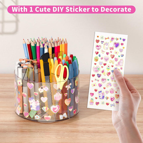 Acrylic Pencil Organizer for Desk 4 Compartments with Adhesive DIY Sticker, Rotating Art Supply Organizer with Kawaii Sticker Kids, Spinning Round...