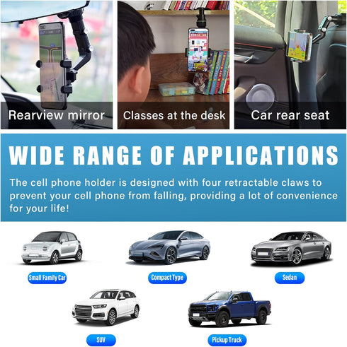 Car Rearview Mirror Phone Holder, 360 Degree Adjustable Multifuctional Auto Rear View Mirror Phone Mount, Universal Vehicle Phone Holder for All M...