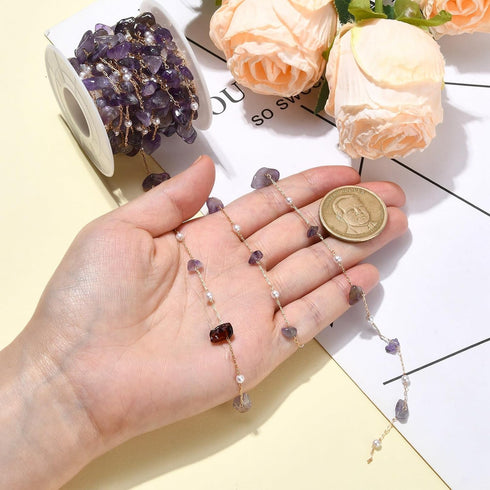 DanLingJewelry 5m Brass Handmade Natural Amethyst Stone Beading Chain Purple Irregular Crystal Chains with Spool for Jewelry Making Supplies...