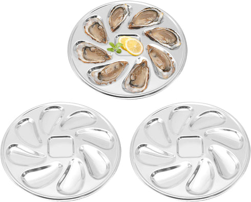 3 Pack Oyster Plate, Stainless Steel 8 Slots Oyster Grill Pan with Center Slot Multi-Functional Grill Pan for Oysters and Scallop, Sauce and Lemon...