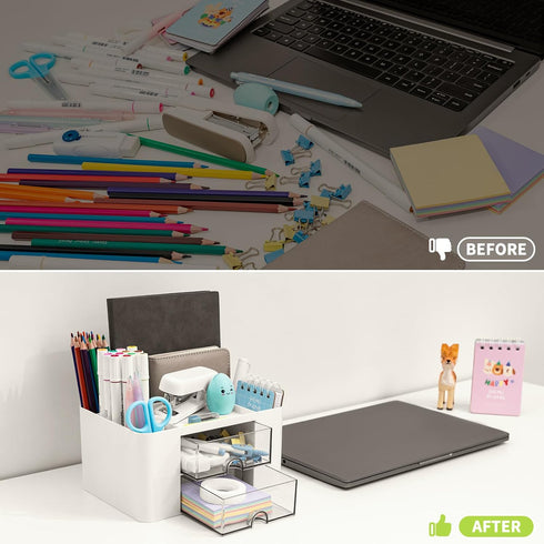 Desk Organizer with 2 Drawer, Multi-Functional Pencil Pen Holder for Desk, Desk Organizers and Storage with 5 Compartments, Desktop Organizer for ...