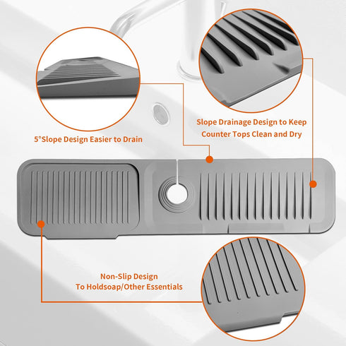 Silicone Kitchen Sink Splash Guard Faucet Mat (24" x 5.5"), 5° Slope Faucet Draining Mat, Faucet Handle Drip Catcher Tray Sink Drain Faucet Pad Be...