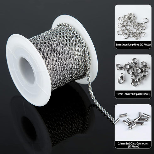 UMAOKANG 32.8 Feet Silver Chain for Jewelry Making Stainless Steel Diamond Cut Twisted Rope Chains for Men Women Necklace Bracelets Making DIY Sup...