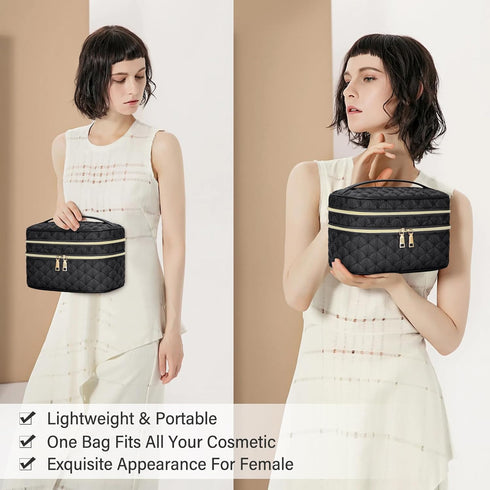 IGOLUMON Travel Makeup Bag Double Layer Make Up Bag Portable Large Cosmetic Bag Wide-open Toiletry Bag for Women Roomy Cosmetic Case Pouch Multifu...