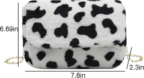 Women Faux Fur Shoulder Bag Fluffy Plush Handbag Leopard Cow Print Clutch Wallet with Chain Strap for Girls Ladies...