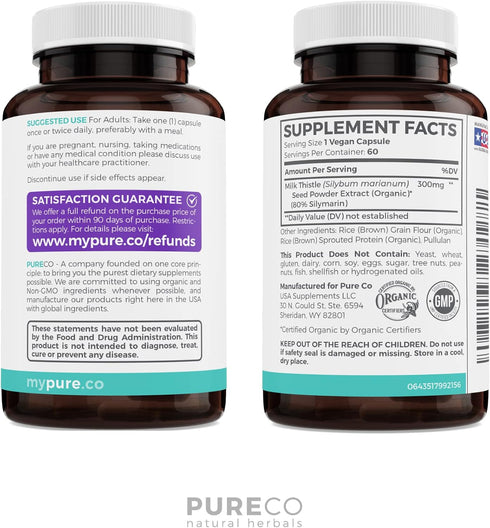 USDA Organic Milk Thistle Capsules - 80% Silymarin Supplement for Liver Support- Super Concentrated 300mg of 30:1 Milk Thistle Extract Equivalent ...