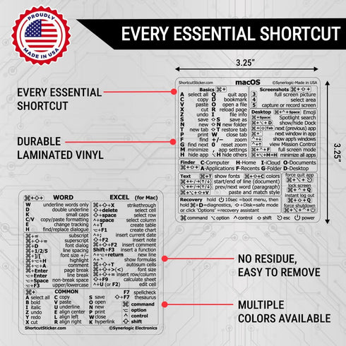 SYNERLOGIC Mac OS (M/Intel) + Word/Excel (for Mac) Quick Reference Keyboard Shortcut Stickers - for MacBook Air/Pro/iMac/Mac/Mini (Clear, 1 Set)...