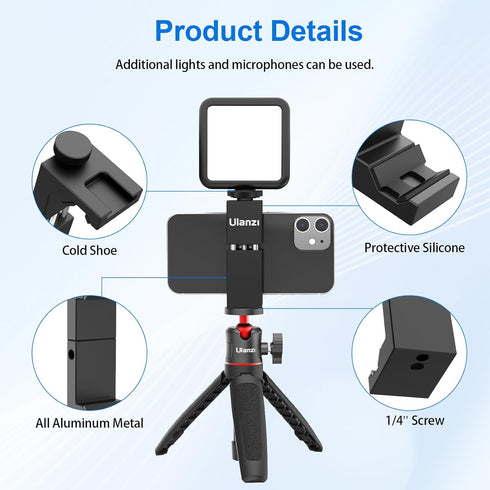 ULANZI ST-02S Aluminum Phone Tripod Mount w Cold Shoe Mount, Support Vertical and Horizontal, Universal Metal Adjustable Clamp for iPhone 12 11 Pr...